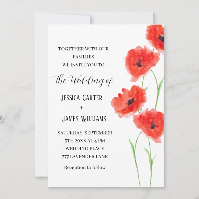 Red Poppies Watercolor Rustic Elegant bröllop Inbjudningar (Framsida)