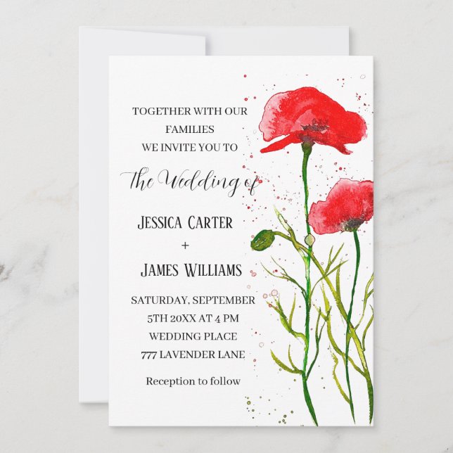 Red Poppies Watercolor Rustic Elegant bröllop Inbjudningar (Framsida)