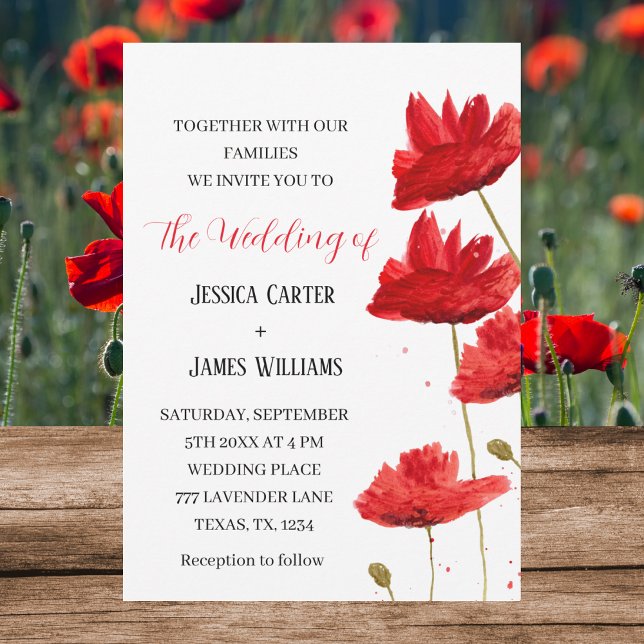 Red Poppies Watercolor Rustic Elegant bröllop Inbjudningar (Skapare uppladdad)