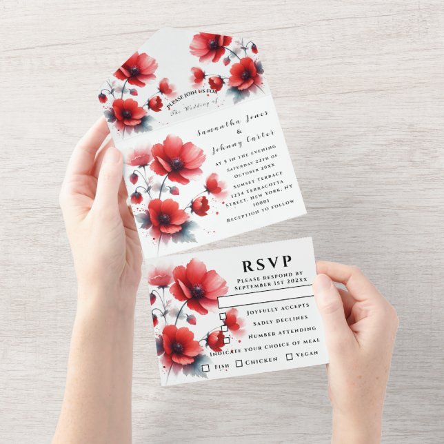 Red Poppies Watercolor Script Elegant bröllop (Avrivbar del)