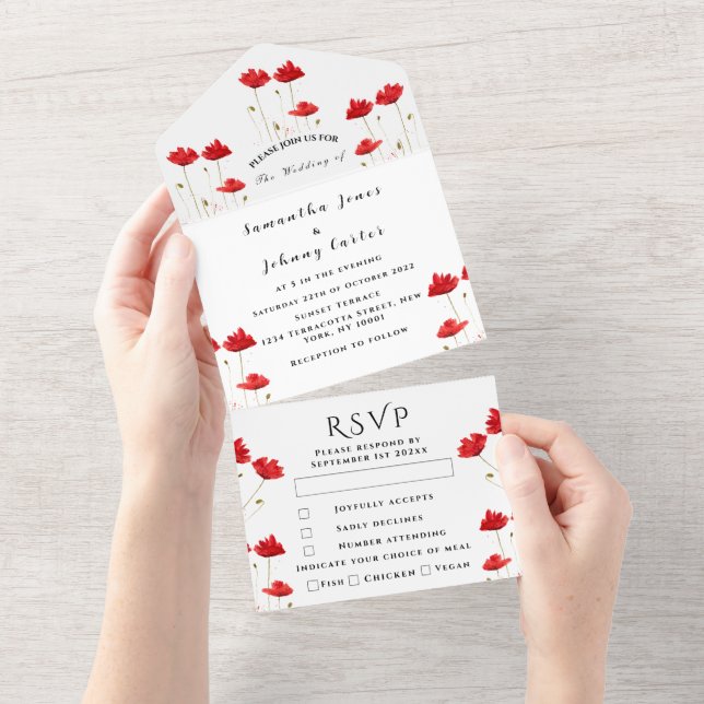 Red Poppies Watercolor Script Elegant bröllop (Avrivbar del)