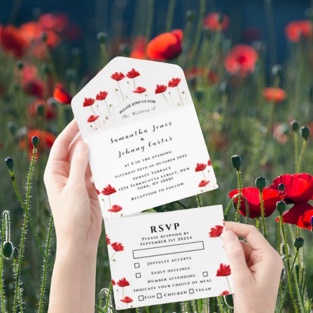 Red Poppies Watercolor Script Elegant bröllop (Skapare uppladdad)