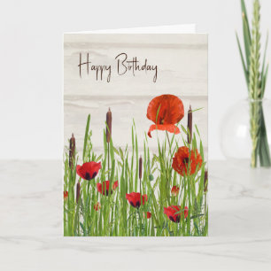 Red Poppy and Cattails Birthday Kort