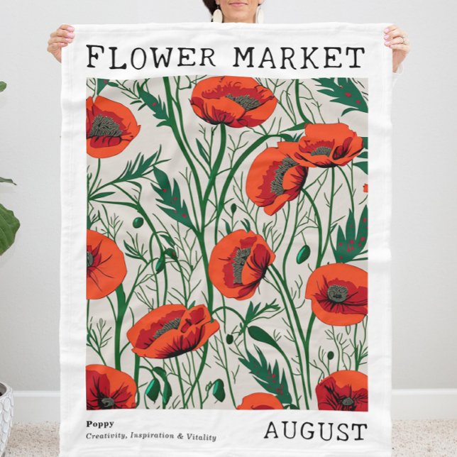 Red Poppy August Blommigt Flower Market Grönt Fleecefilt (Personalized August Birth Flower Market Print Fleece Blanket, Customizable Red Poppy Floral Blanket)