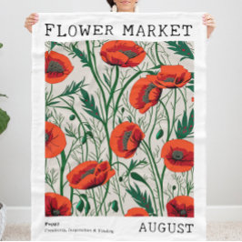 Red Poppy August Blommigt Flower Market Grönt Fleecefilt