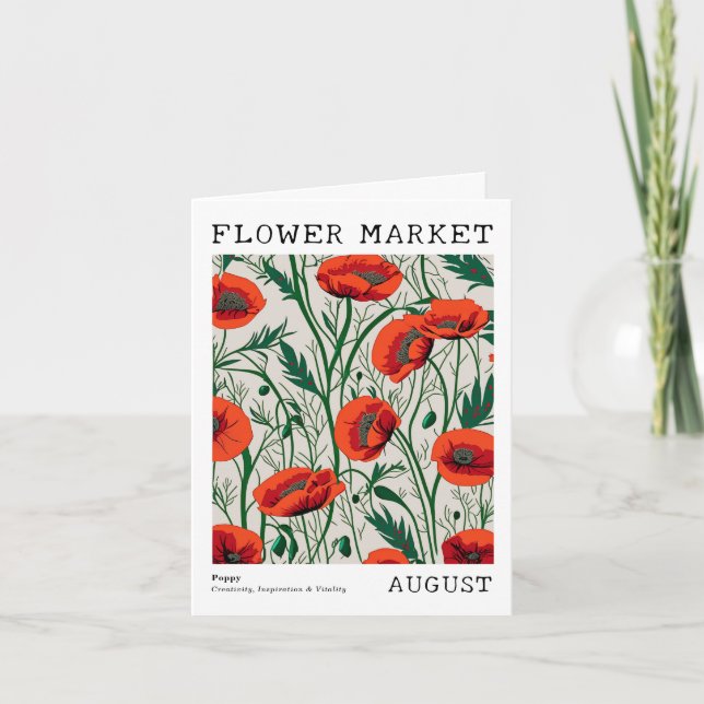 Red Poppy Bird Flower Market August Birthday Kort (Framsida)