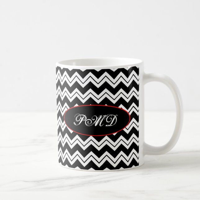 Red Poppy Black & White Monogram Chevron Zizzag Kaffemugg (Höger)