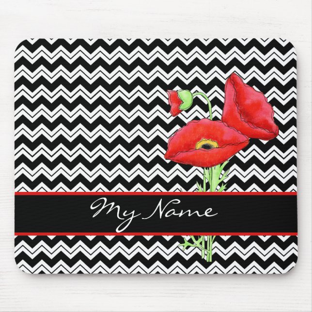 Red Poppy Black & White Personalize Chevron Zizzag Musmatta (Framsidan)