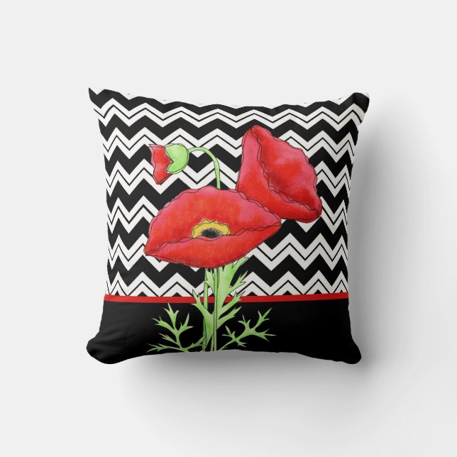 Red Poppy Black White Zigzag Chevron Decorative Kudde (Framsida)