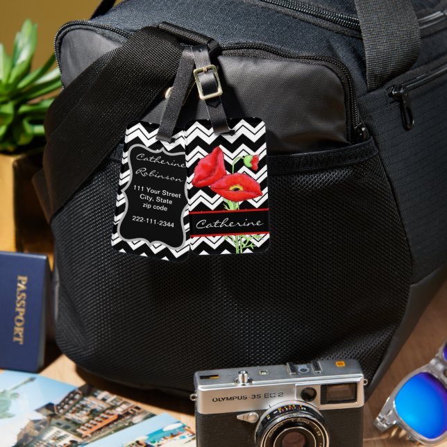 Red Poppy Black White Zizzag Chevron Anpassningsba Bagagebricka (Fram & Baksida)