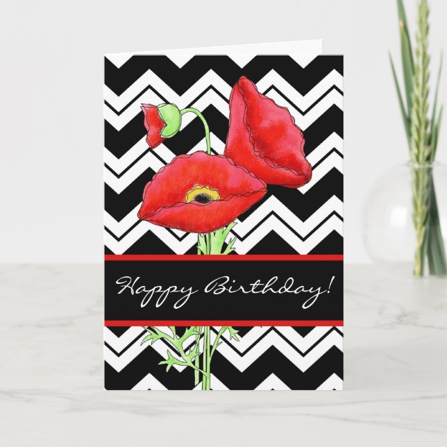Red Poppy Black & White Zizzag Chevron Birthday Kort (Framsida)