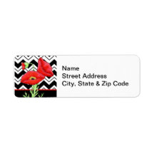 Red Poppy Black & White Zizzag Chevron-etikett