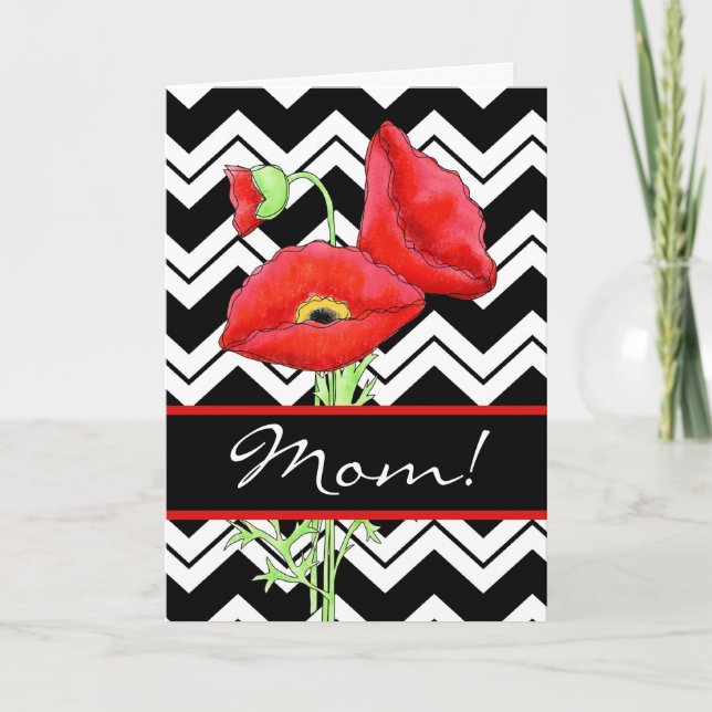 Red Poppy Black & White Zizzag Mor Day Kort (Framsida)