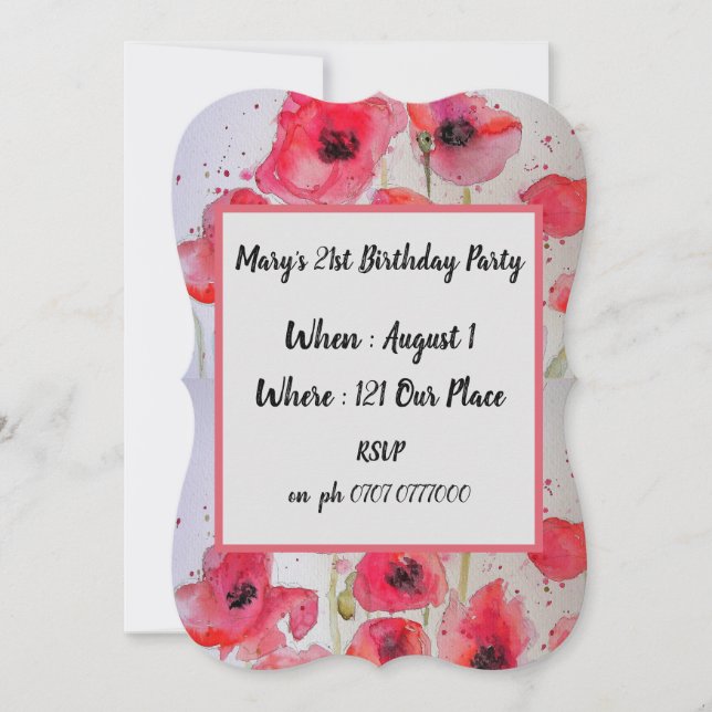 Red Poppy Blommigt 21:a födelsedagsinbjudan Inbjudningar (Framsida)