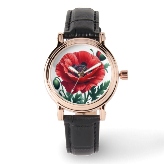 Red Poppy Blommigt Armbandsur (Framsida)