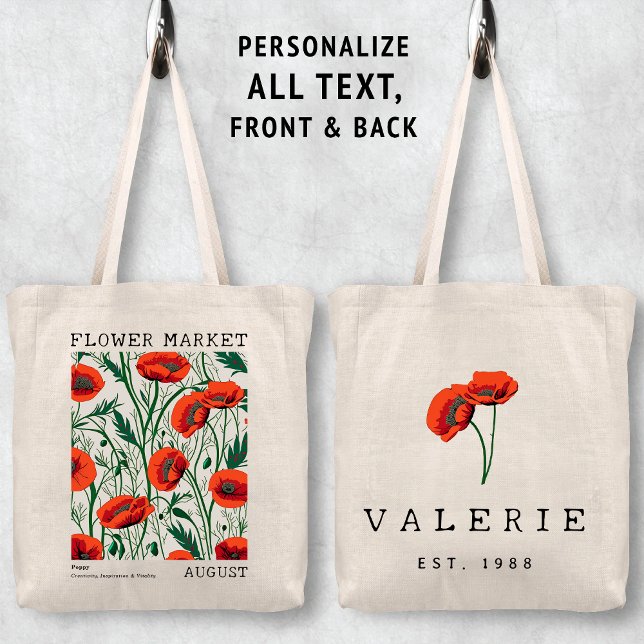 Red Poppy Blommigt August Bird Flower Market Namn Tygkasse (Personalized August Birth Flower Market Tote Bag, Custom Name Bag, Bachelorette Bridesmaid Gifts )