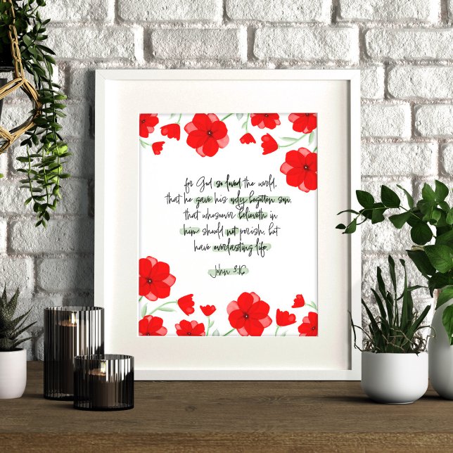 Red Poppy Blommigt Christian Bible Verse John 3:16 Poster (Skapare uppladdad)