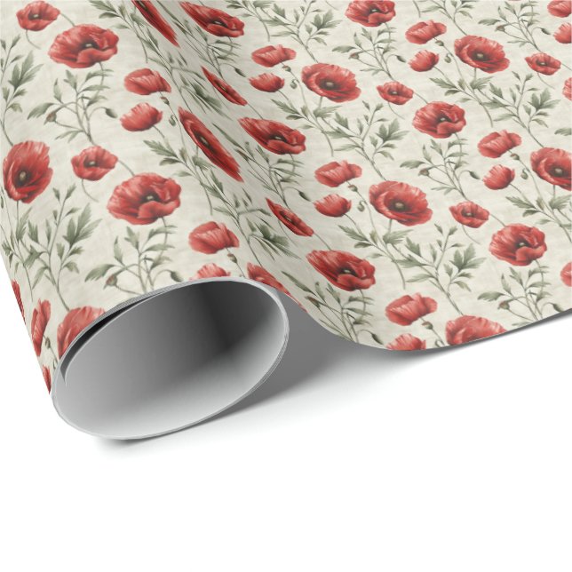 Red Poppy Blommigt Gift Wrap Wrapping Papper Flowe Presentpapper (Rullad Hörn)