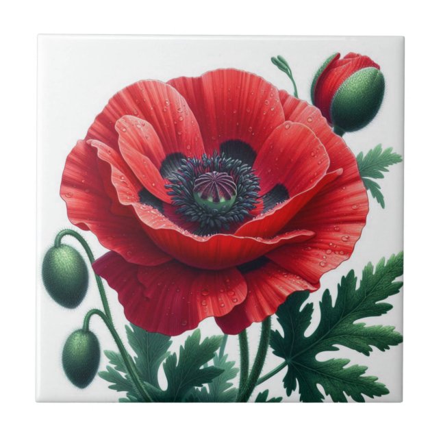 Red Poppy Blommigt Kakelplatta (Framsidan)