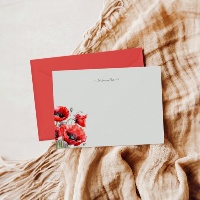 Red Poppy Blommigt Monogram Anteckningskort (Skapare uppladdad)