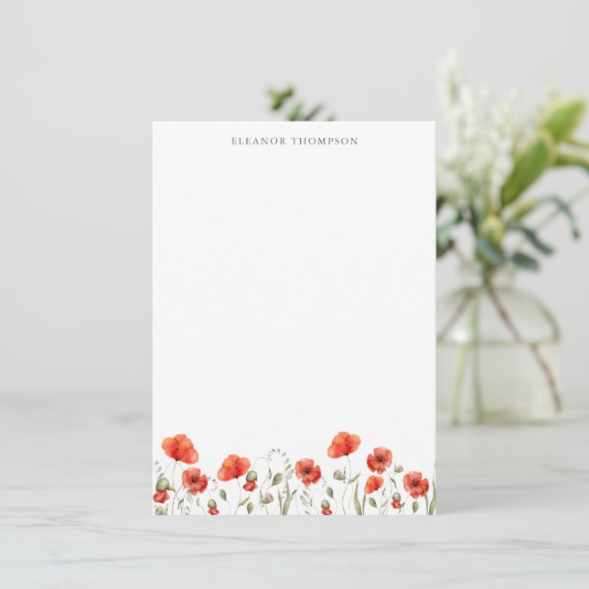 Red Poppy Blommigt Personlig Namn Stationery Anteckningskort (Stående Fram)