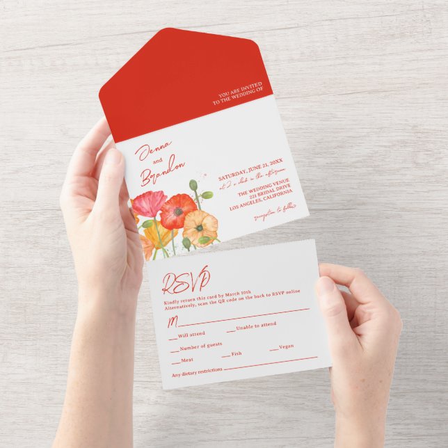Red Poppy Blommigt QR Code OSA Bröllop (Tearaway)