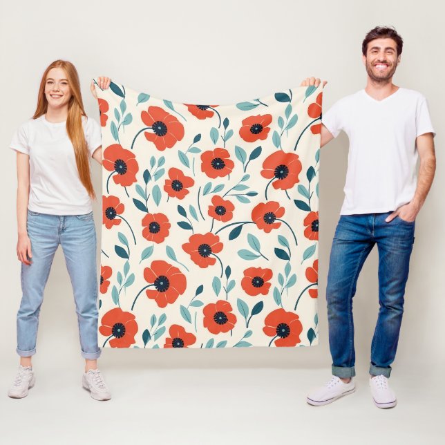 Red Poppy Blommigt Skriv ut sömlös Mönster Fleecefilt (På plats)