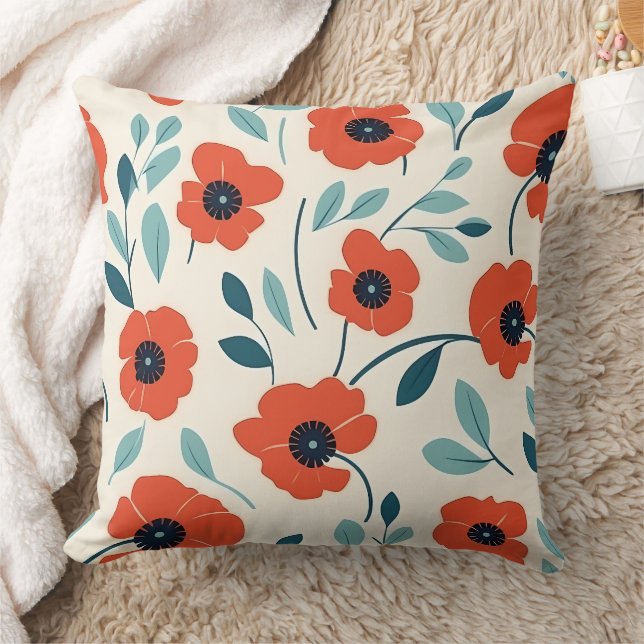 Red Poppy Blommigt Skriv ut sömlös Mönster Kudde (Filt)