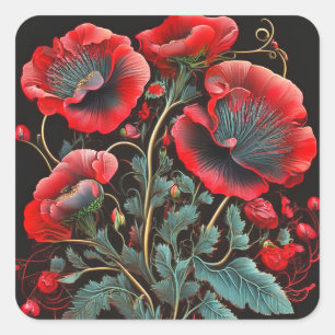 Red Poppy Blommigt Stickers Fyrkantigt Klistermärke