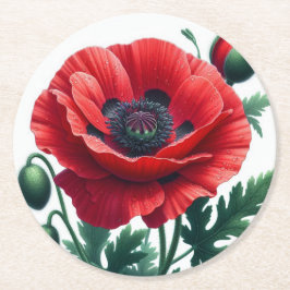 Red Poppy Blommigt Underlägg Papper Rund