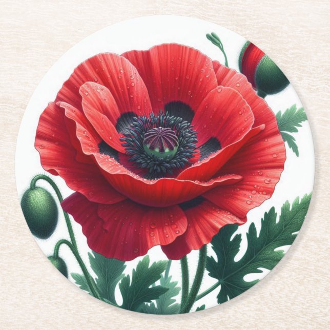 Red Poppy Blommigt Underlägg Papper Rund (Framsidan)