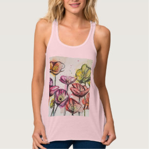 Red Poppy blommigt Watercolor Art Flower Mönster Linne Med Racerback