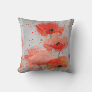 Red Poppy Blommigt Watercolor Cushion Kudde