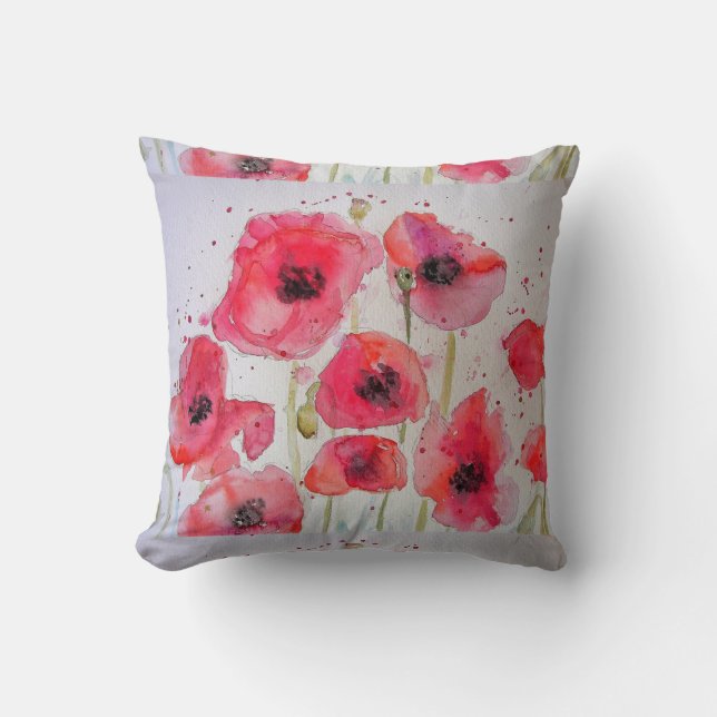 Red Poppy Blommigt Watercolor Cushion Kudde (Framsida)
