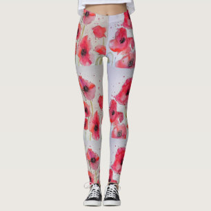 Red Poppy Blommigt Watercolor Leggings