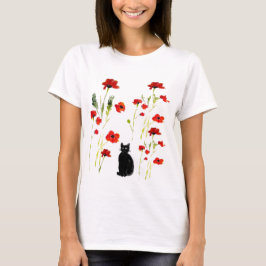 Red Poppy Cute Cat Blommigt T Shirt