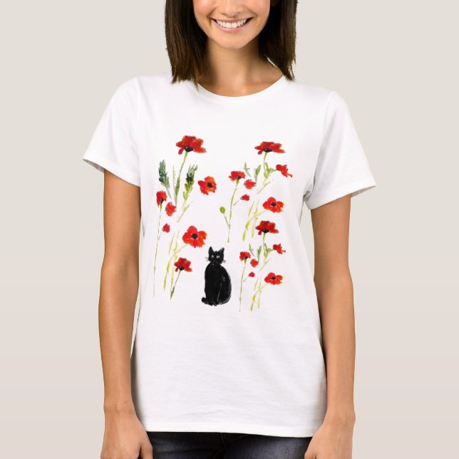 Red Poppy Cute Cat Blommigt T Shirt (Framsida)