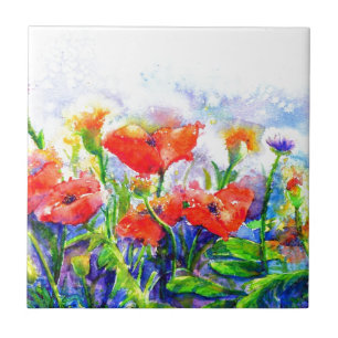 Red Poppy Fält - blommigt-målning Kakelplatta