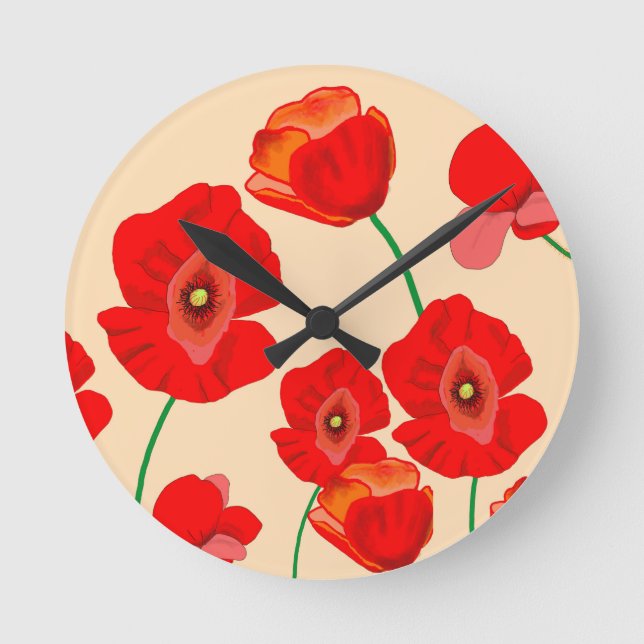 Red Poppy Fält  Rund Klocka (Framsida)