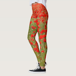 Red poppy field of flowers tie leggings