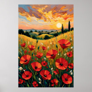 Red Poppy Field Oil Painting Poster