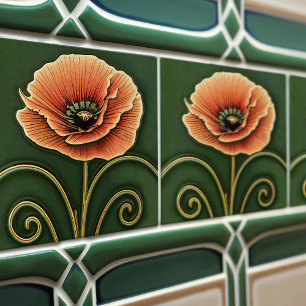 Red Poppy Flower Art Deco Wall Decor Art nouveau Kakelplatta