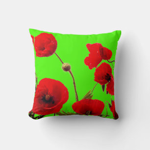 Red Poppy Flower Colorful Bright Neon Grönt Blommi Kudde