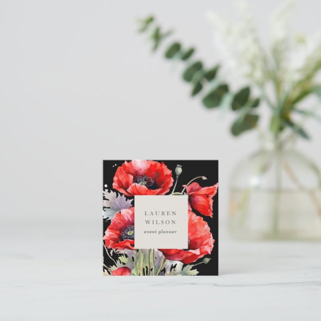 Red Poppy Flower Elegant Affärskort Fyrkantigt Visitkort (Stående Fram)