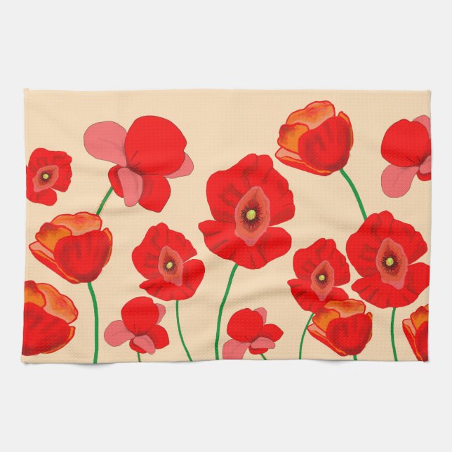 Red Poppy Flower Fält på beige-bakgrund Kökshandduk (Horisontell)