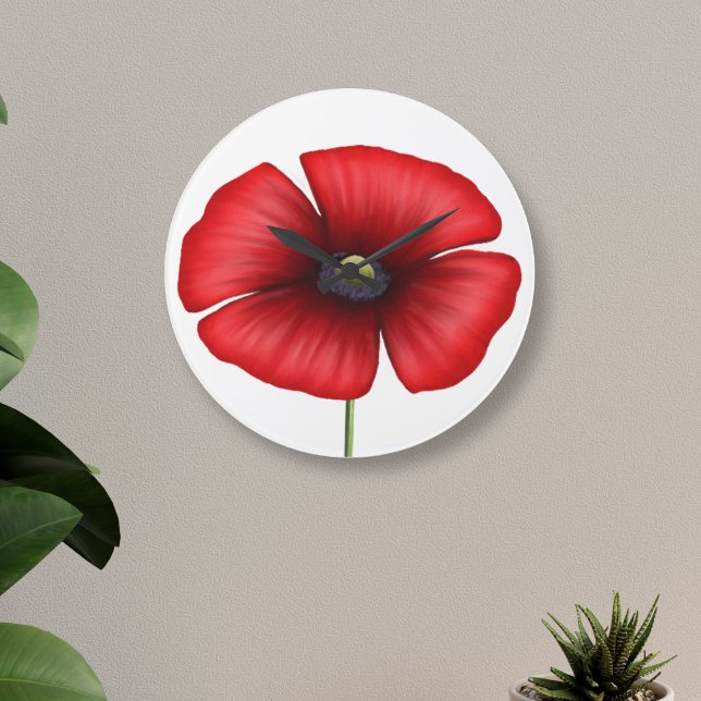 Red Poppy Flower Modern Floral Round Wall Clock Stor Klocka (A bold and bright red poppy clock that will look lovely on your wall)