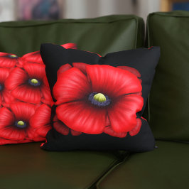 Red Poppy Flower Mönster Black Dekorativ kudde