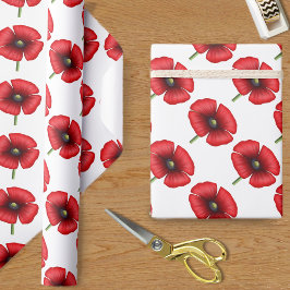 Red Poppy Flower Mönster på White Wrapping Papper Presentpapper