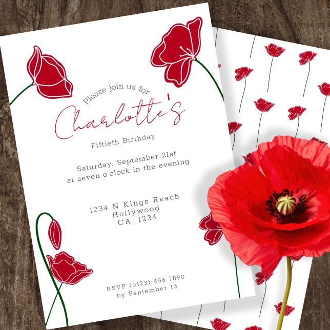 Red Poppy Flower Personlig Party Inbjudningar (Red Poppy Flower Personalized Party Invitation by Ricaso. Ideal for occasions including birthdays)