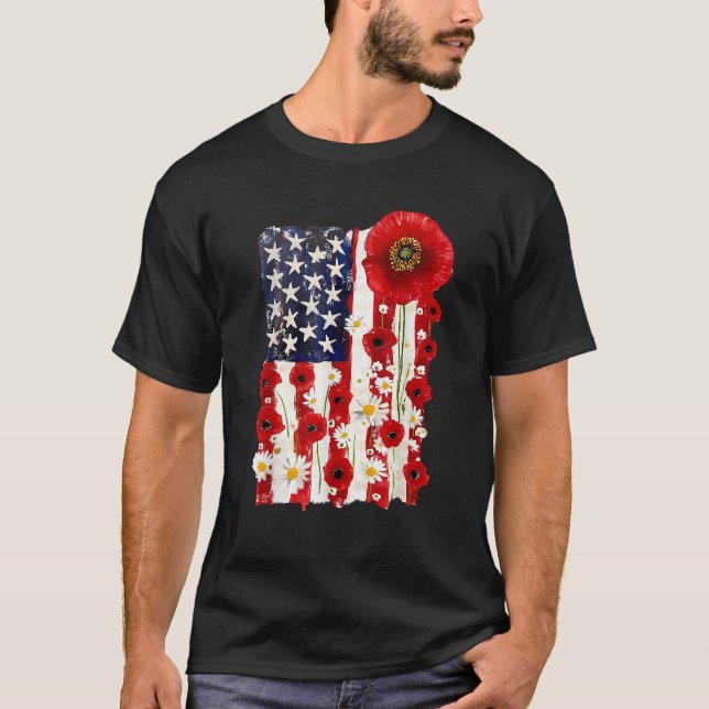 Red Poppy Flower US Flag Patriotic Veterans Day Me T Shirt (Framsida)